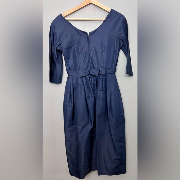 VTG 50/60s Navy Blue Cocktail Dress W/ Lining & Snap Bow On The Back - Picture 5 of 11